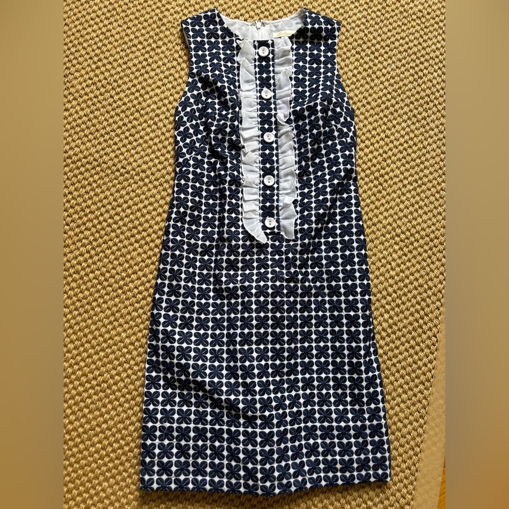 Shoshanna Navy and White Ruffle Jacquard Shift Dress Size 0